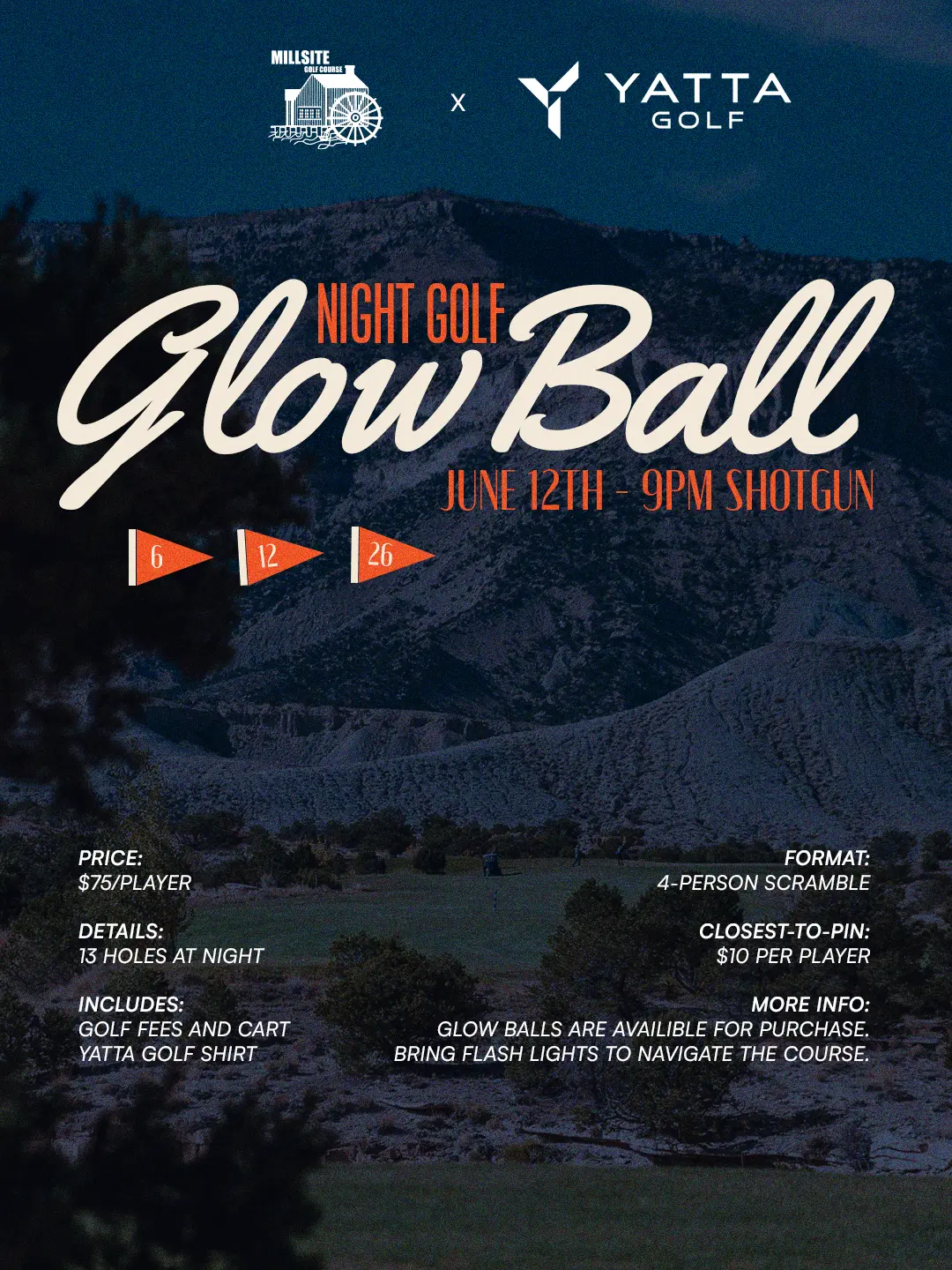 Millsite Night Golf 2026 Heaven & Hell Millsite Golf Course 2026 tournament flyer
